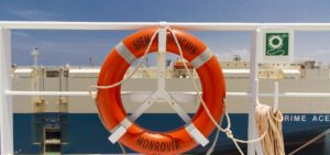 Life ring attached to ship handrail